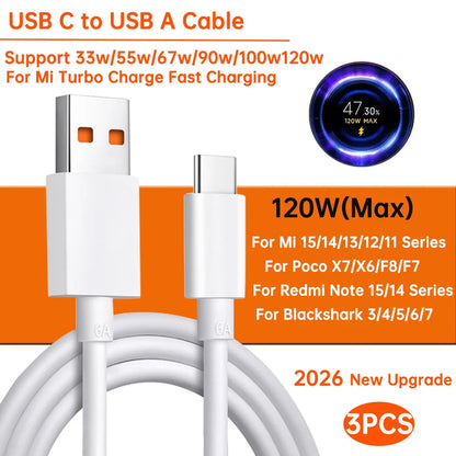 Original Usb Type C Cable 120W 100W 90W 67W 45W Turbo Fast Charger Mi 17 15 14 13 12 T Pro Ultra Poco F8 X8 X7 Redmi Note